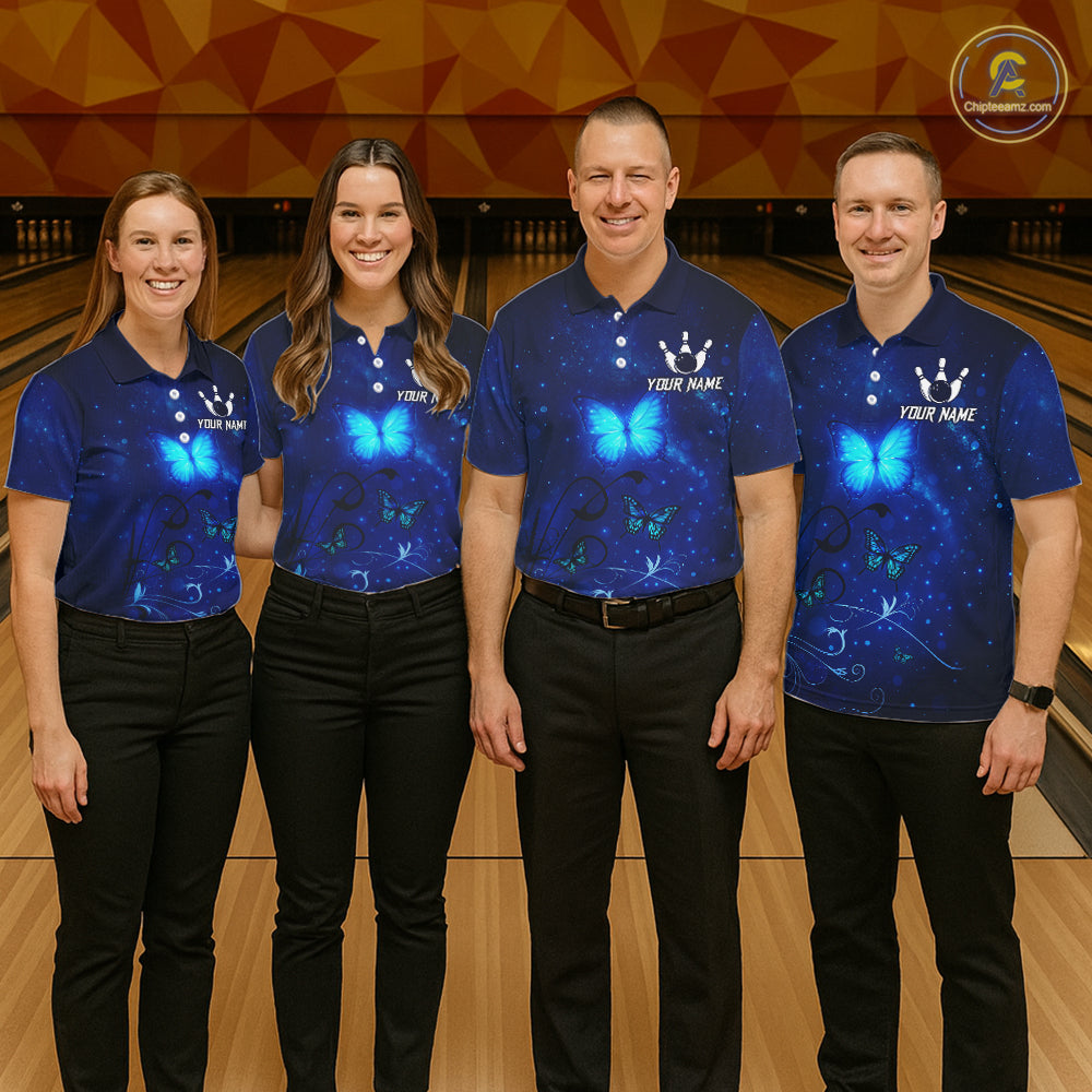 Blue galaxy Butterfly Bowling Polo, Quarter Zip shirts For men Custom Butterfly Team bowling jersey NQS11268