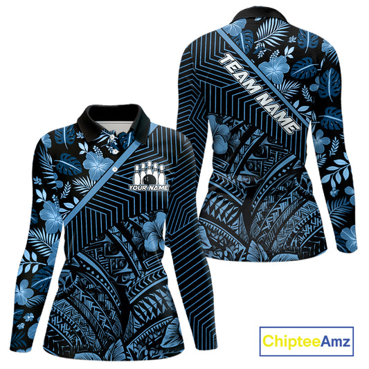 Black and Blue tribal pattern Bowling Polo, 1/4 zip Shirts For Women Custom Team Bowling Jerseys NQS11468