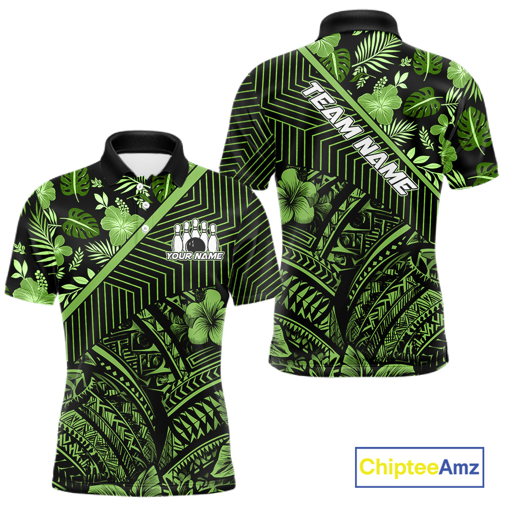 Black and Green tribal pattern Bowling Polo, 1/4 zip Shirts For Men Custom Team Bowling Jerseys NQS11469