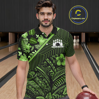 Black and Green tribal pattern Bowling Polo, 1/4 zip Shirts For Men Custom Team Bowling Jerseys NQS11469
