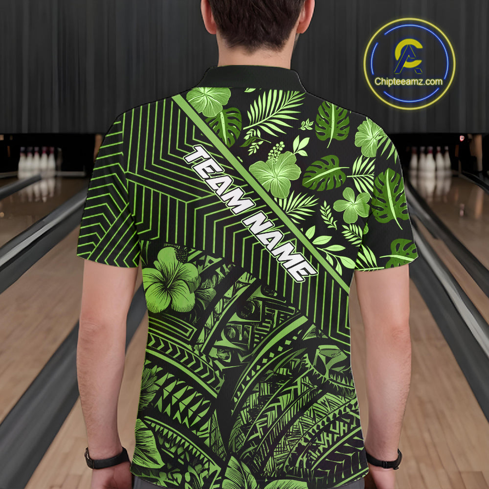Black and Green tribal pattern Bowling Polo, 1/4 zip Shirts For Men Custom Team Bowling Jerseys NQS11469
