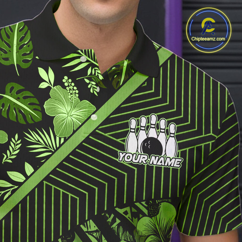 Black and Green tribal pattern Bowling Polo, 1/4 zip Shirts For Men Custom Team Bowling Jerseys NQS11469