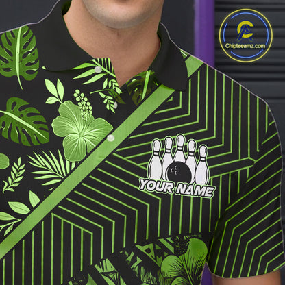 Black and Green tribal pattern Bowling Polo, 1/4 zip Shirts For Men Custom Team Bowling Jerseys NQS11469