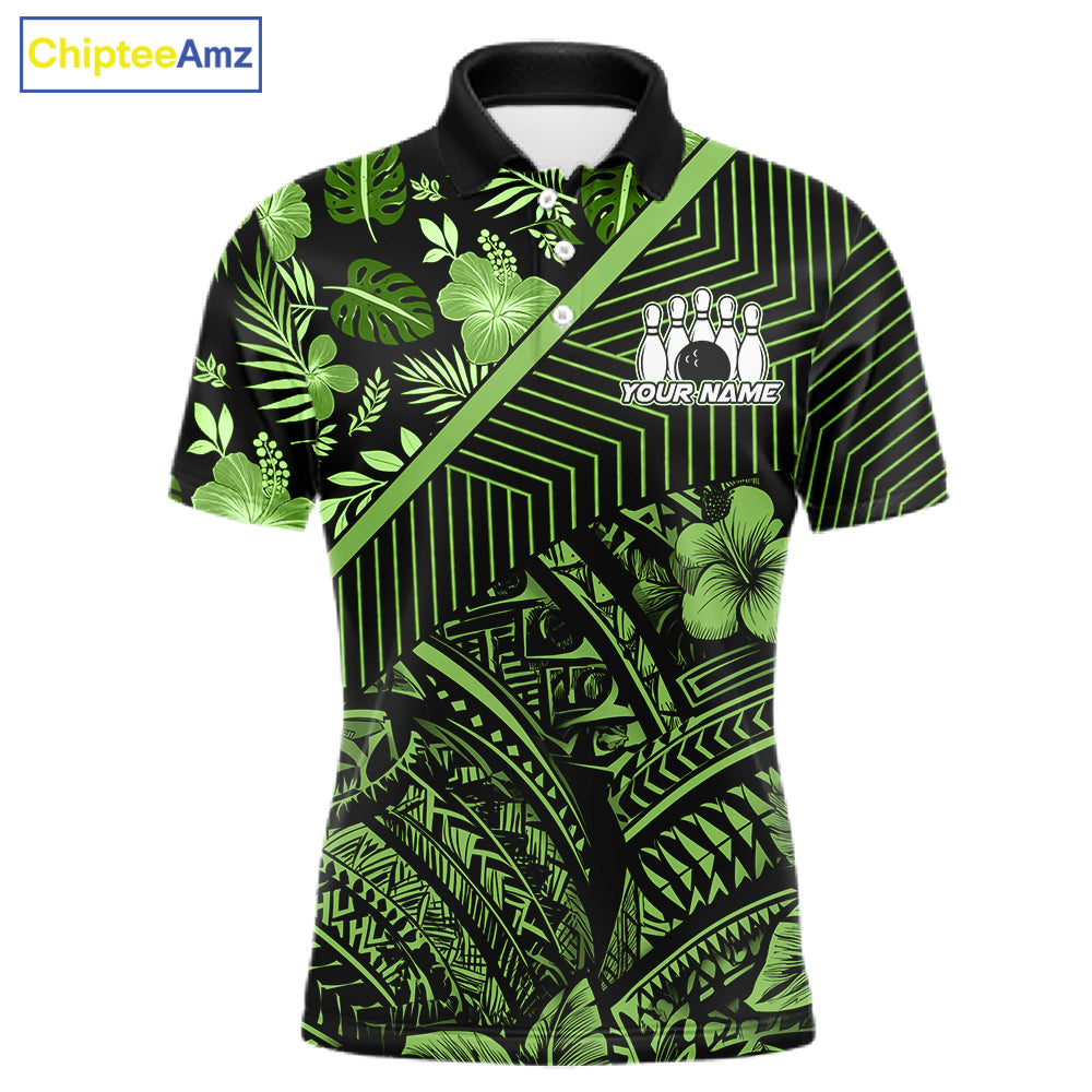 Black and Green tribal pattern Bowling Polo, 1/4 zip Shirts For Men Custom Team Bowling Jerseys NQS11469