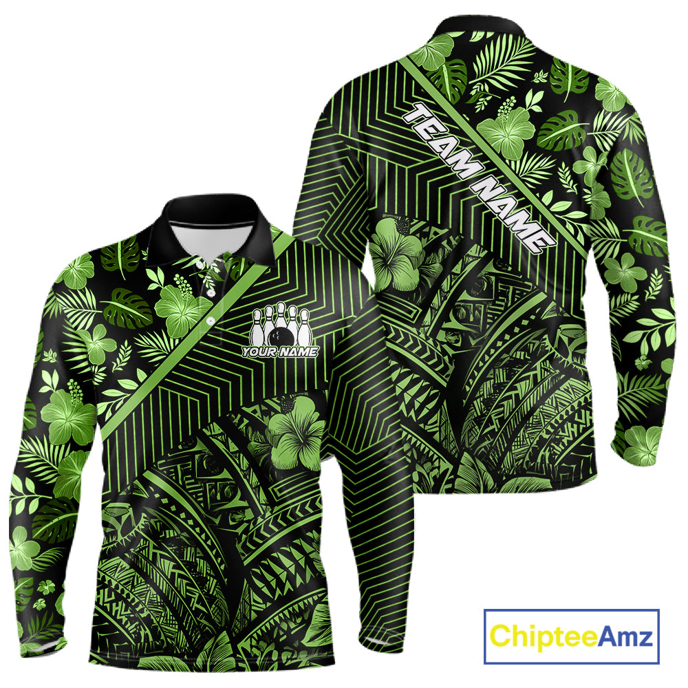 Black and Green tribal pattern Bowling Polo, 1/4 zip Shirts For Men Custom Team Bowling Jerseys NQS11469