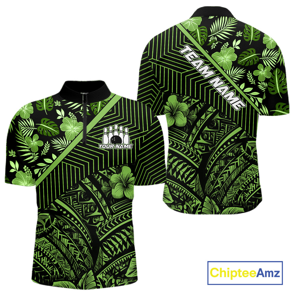 Black and Green tribal pattern Bowling Polo, 1/4 zip Shirts For Men Custom Team Bowling Jerseys NQS11469