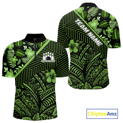Black and Green tribal pattern Bowling Polo, 1/4 zip Shirts For Men Custom Team Bowling Jerseys NQS11469