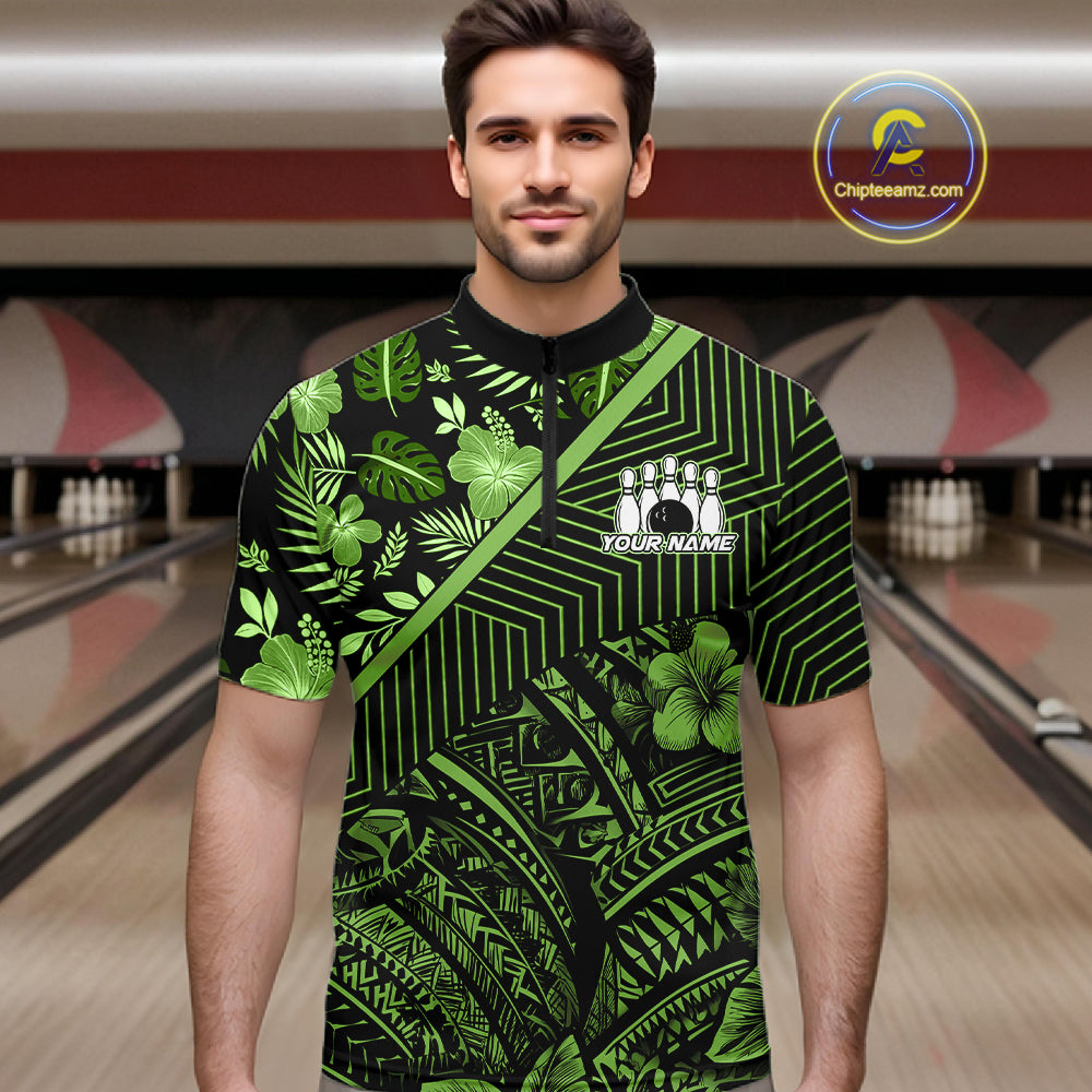 Black and Green tribal pattern Bowling Polo, 1/4 zip Shirts For Men Custom Team Bowling Jerseys NQS11469