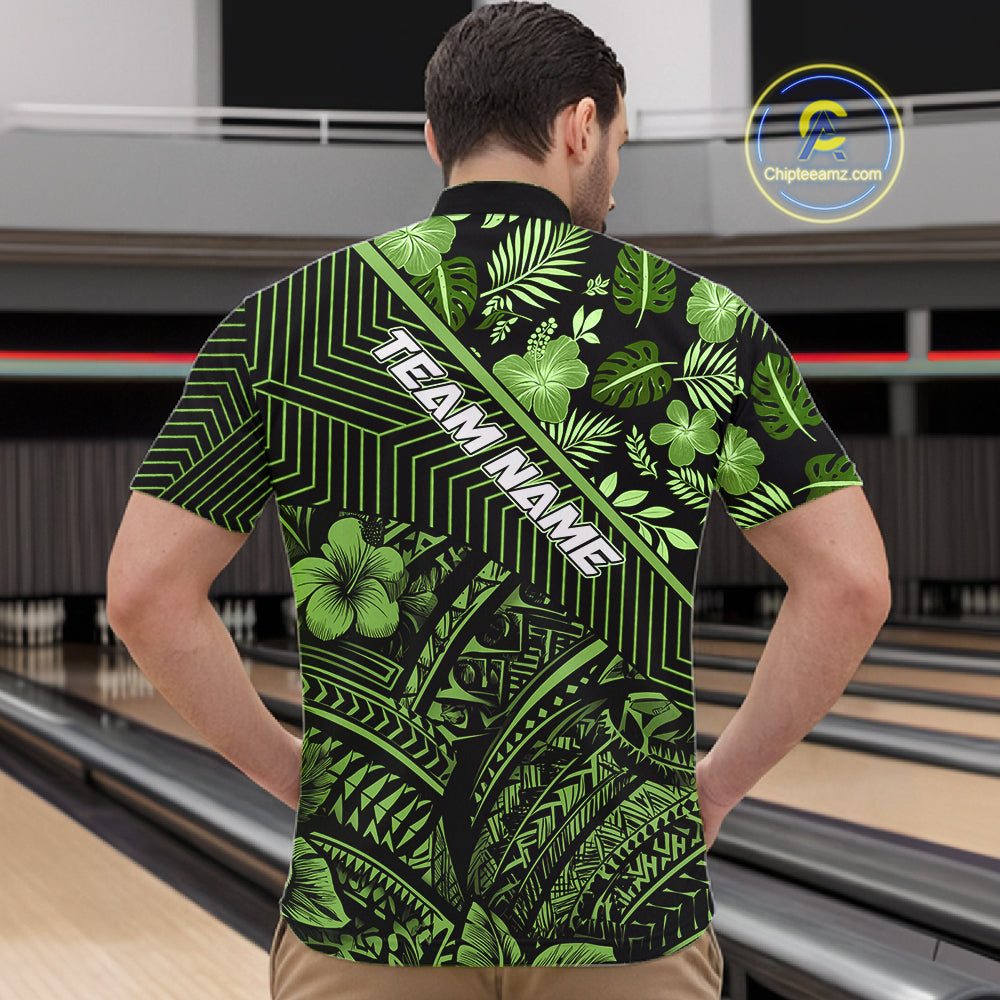 Black and Green tribal pattern Bowling Polo, 1/4 zip Shirts For Men Custom Team Bowling Jerseys NQS11469