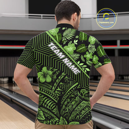 Black and Green tribal pattern Bowling Polo, 1/4 zip Shirts For Men Custom Team Bowling Jerseys NQS11469