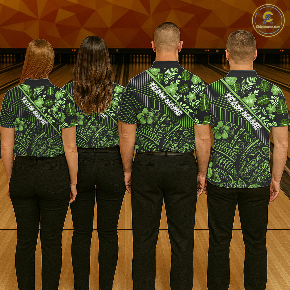 Black and Green tribal pattern Bowling Polo, 1/4 zip Shirts For Men Custom Team Bowling Jerseys NQS11469
