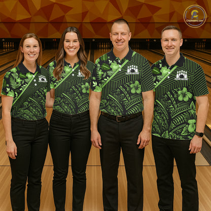 Black and Green tribal pattern Bowling Polo, 1/4 zip Shirts For Men Custom Team Bowling Jerseys NQS11469