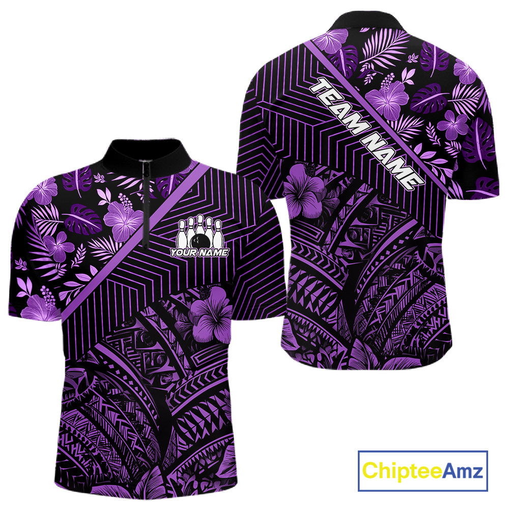 Black and Purple tribal pattern Bowling Polo, 1/4 zip Shirts For Men Custom Team Bowling Jerseys NQS11470