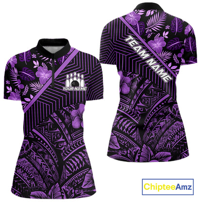 Black and Purple tribal pattern Bowling Polo, 1/4 zip Shirts For Women Custom Team Bowling Jerseys NQS11470
