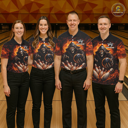 Personalized Skull Bowling Polo, 1/4 zip Jerseys for Men Custom Black and Orange Bowling Team shirts NQS11474