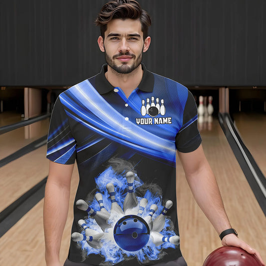 Personalized Black and Blue Smoke Flame Bowling Polo, 1/4 Zip Shirts For Men, cool bowling jerseys NQS9543