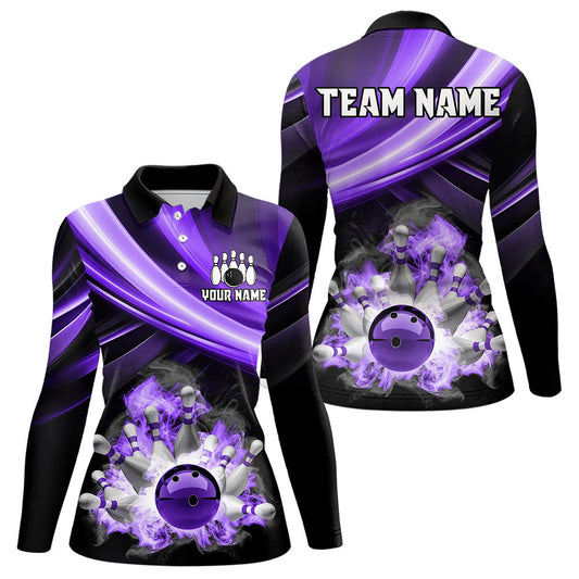 Personalized Black and Purple Smoke Flame Bowling Polo, 1/4 Zip Shirts For Women, cool bowling jerseys NQS9544