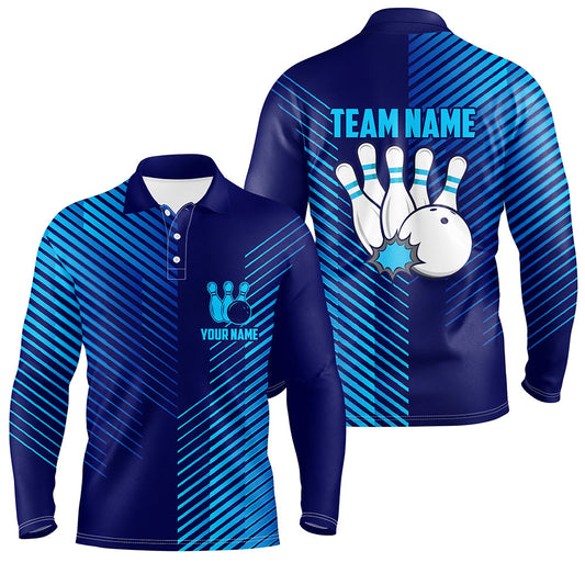 Blue stripes pattern bowling ball pins custom Men's bowling Polo, Quarter Zip shirts team jerseys NQS7843
