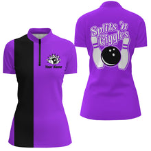 Load image into Gallery viewer, Splits 'n Giggles Bowling polo, 1/4 zip Shirt For Women Personalized Purple retro bowling Jerseys NQS8489