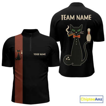 Custom retro bowling shirts Black and Orange Funny Cat Bowling jersey for men Team Bowling Outfit NQS11073