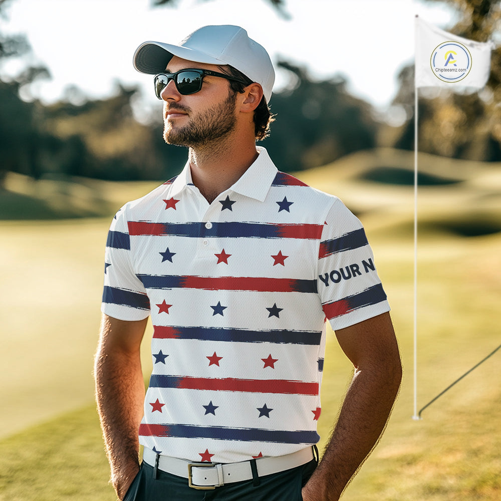 Red, White and Blue stars pattern Men golf polo shirts Custom patriotic golf attire for mens NQS9980