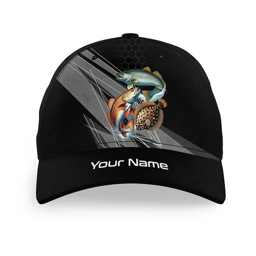 Personalized Black camo Redfish, Trout, Flounder Fishing baseball cap, Texas Slam fishing hats NQS10143