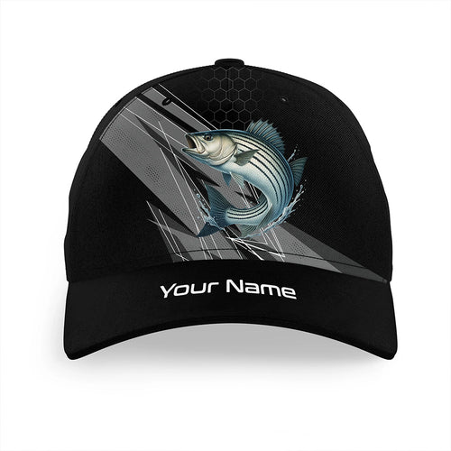 Personalized Black camo Striped Bass Fishing baseball cap, Striper fishing hats for men, women NQS10144
