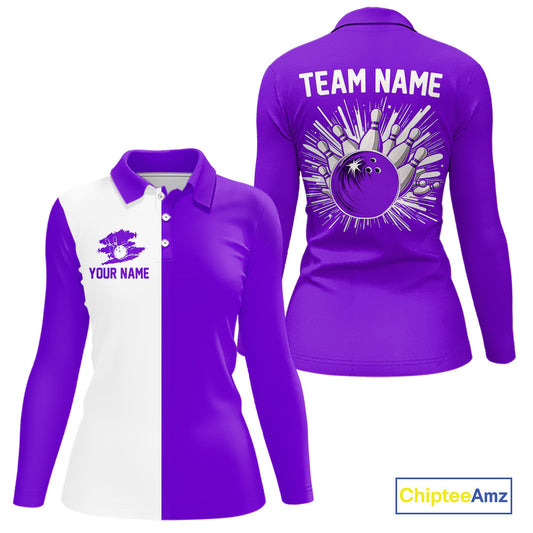 Purple and white Retro Bowling shirts For Women Custom team bowling jerseys gift for Bowlers NQS10145