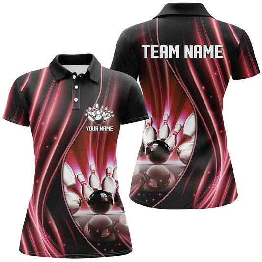 Red and black light Women Polo, 1/4 Quarter Zip Shirts Custom bowling team jerseys, gift for bowlers NQS7860