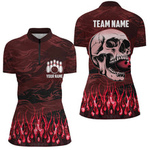 Load image into Gallery viewer, Bowling polo, quarter zip shirts for women Custom Red camo Flame Skull Bowling Team League Jerseys NQS7653