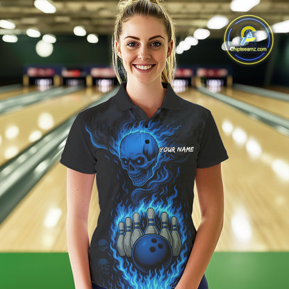 Blue Flame Lightning Thunder Skull Reaper Bowling Shirts for Women Custom Bowling Team League Jersey NQS10908
