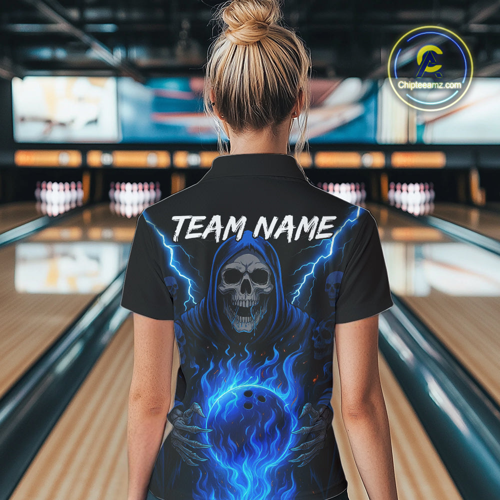 Blue Flame Lightning Thunder Skull Reaper Bowling Shirts for Women Custom Bowling Team League Jersey NQS10908