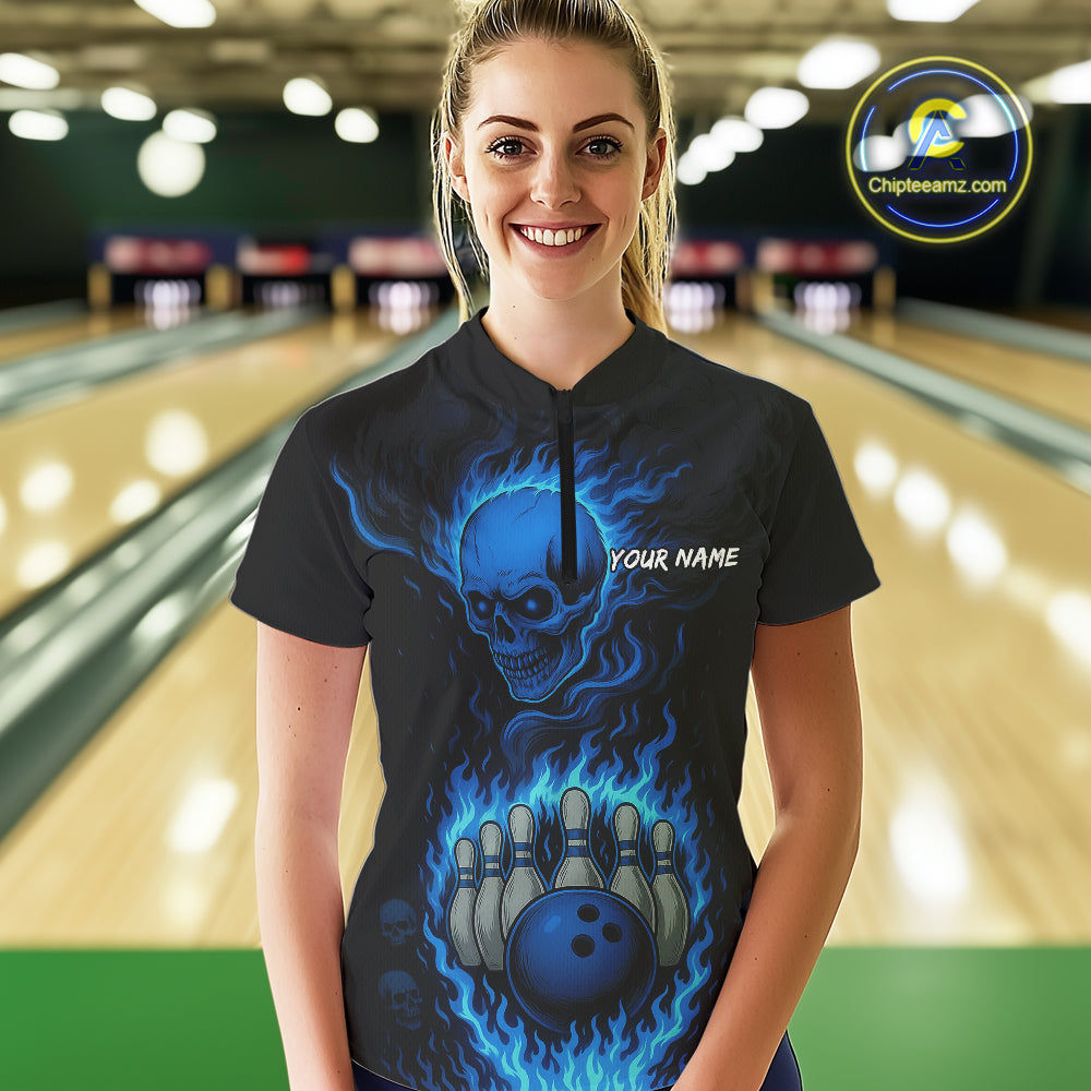 Blue Flame Lightning Thunder Skull Reaper Bowling Shirts for Women Custom Bowling Team League Jersey NQS10908