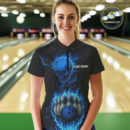 Blue Flame Lightning Thunder Skull Reaper Bowling Shirts for Women Custom Bowling Team League Jersey NQS10908