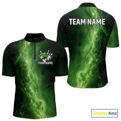 Men's Bowling Shirts Custom Green Lightning Thunder Bowling Team Jersey, gift for team Bowlers NQS10910