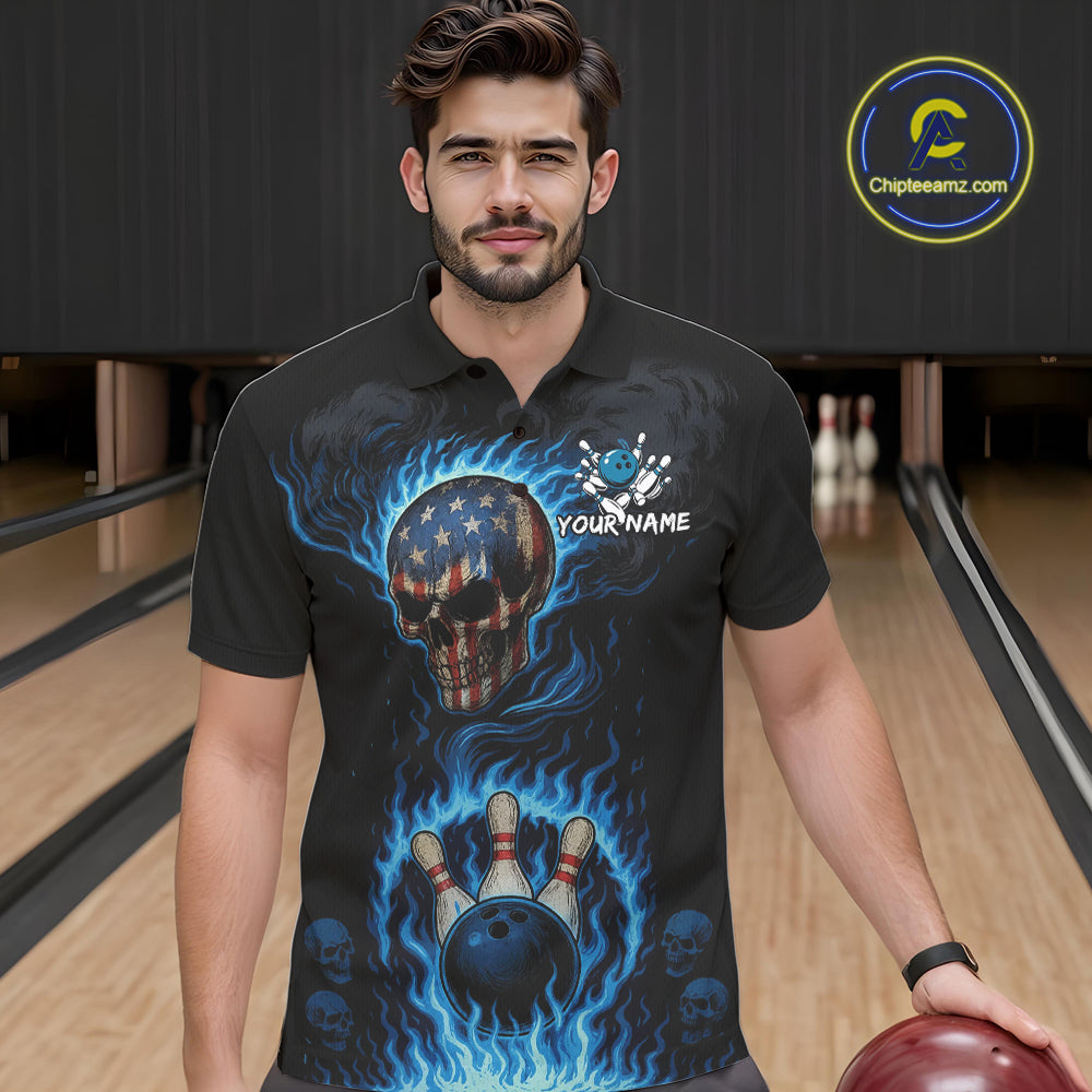 Custom Black and Blue Flame American Flag Skull Bowling Shirts for Men, Bowling Team League Jersey NQS10913