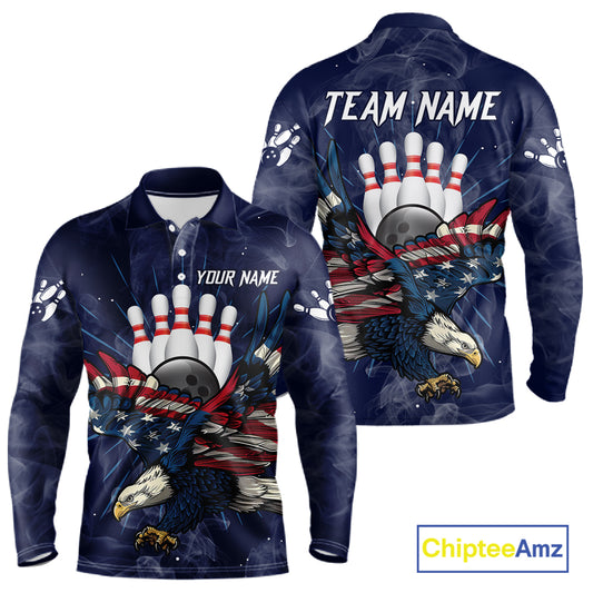 Blue Smoke American Flag Eagle Bowling Shirts For Men Custom patriotic Bowling Team Jersey NQS11288