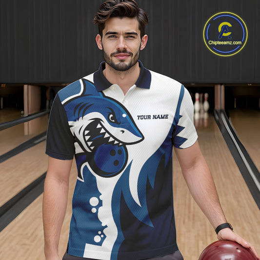 White and Blue Shark Bowling Polo, Quarter Zip shirts for men custom shark bowling team jerseys NQS10159