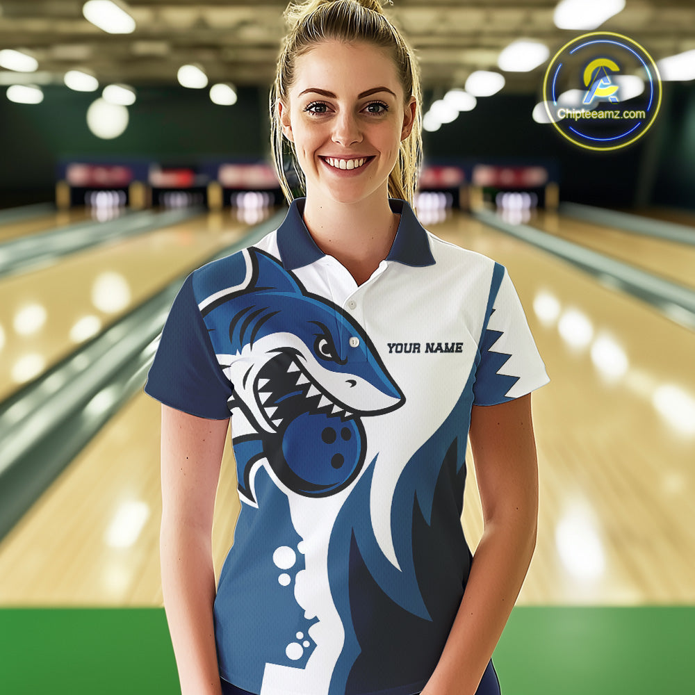 White and Blue Shark Bowling Polo, Quarter Zip shirts for Womens custom shark bowling team jerseys NQS10159