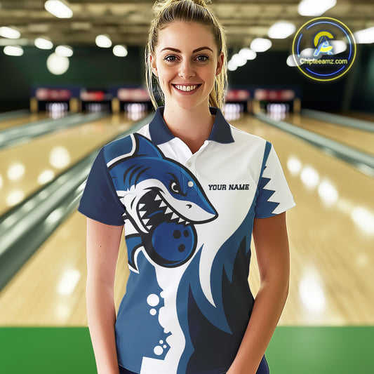 White and Blue Shark Bowling Polo, Quarter Zip shirts for Womens custom shark bowling team jerseys NQS10159