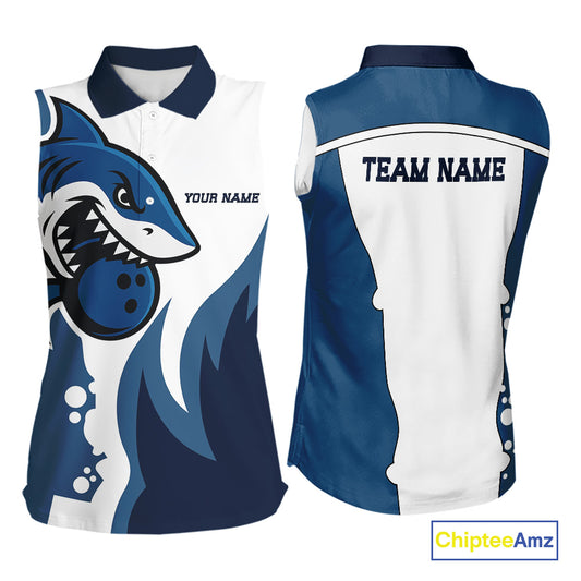 White and Blue Shark Women sleeveless Polo Shirt custom shark bowling team jerseys, gift for bowlers NQS10159
