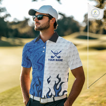 Load image into Gallery viewer, White and Blue Camo Flame Mens Golf Polo Shirt Custom golf attire for men, personalized golf gifts NQS10709