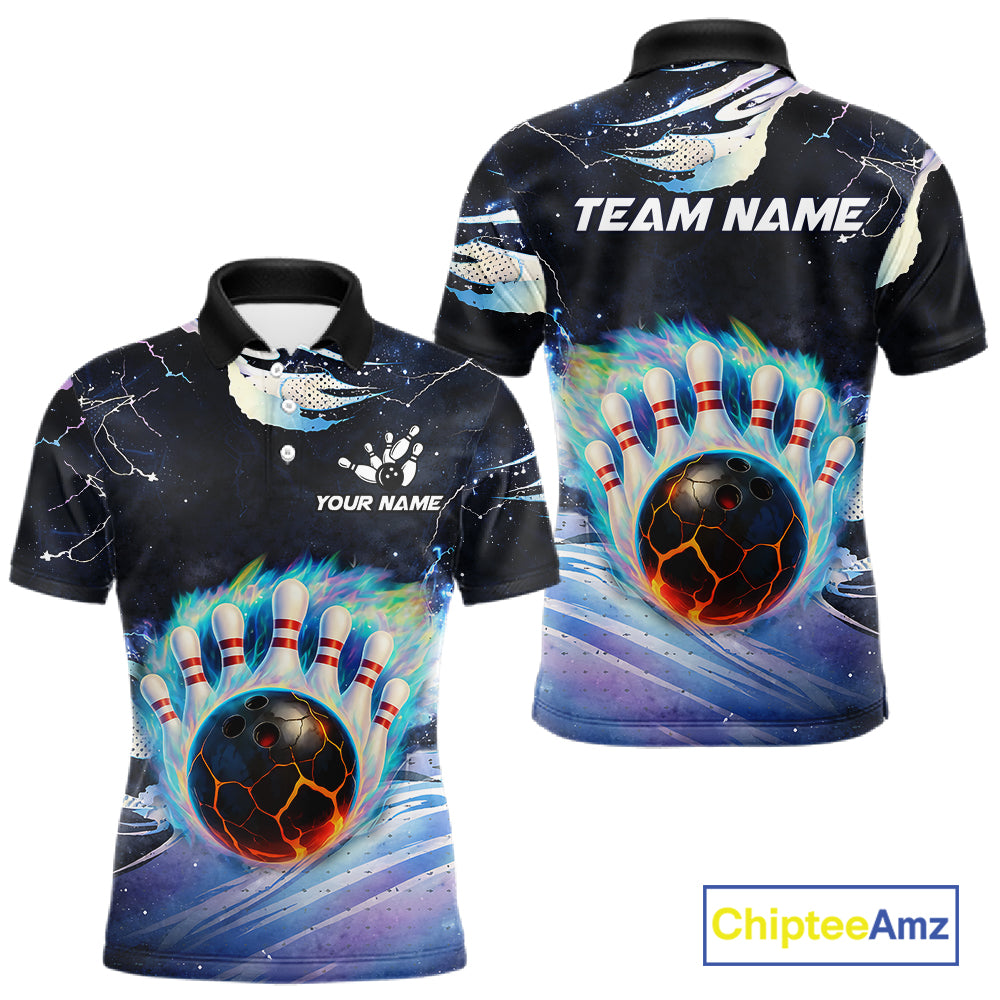 Blue hologram flame Bowling polo, 1/4 zip Shirts for Men Custom Bowling Team jerseys NQS11295