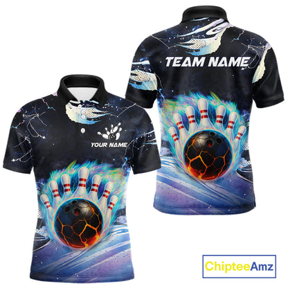 Blue hologram flame Bowling polo, 1/4 zip Shirts for Men Custom Bowling Team jerseys NQS11295