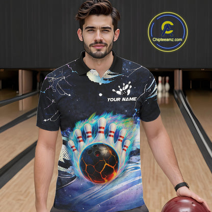 Blue hologram flame Bowling polo, 1/4 zip Shirts for Men Custom Bowling Team jerseys NQS11295