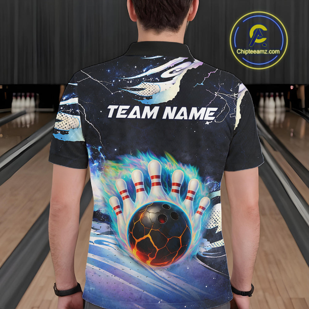 Blue hologram flame Bowling polo, 1/4 zip Shirts for Men Custom Bowling Team jerseys NQS11295