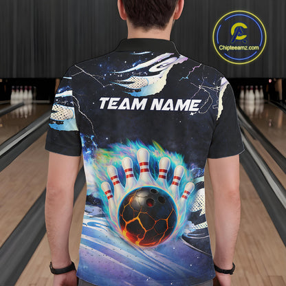 Blue hologram flame Bowling polo, 1/4 zip Shirts for Men Custom Bowling Team jerseys NQS11295