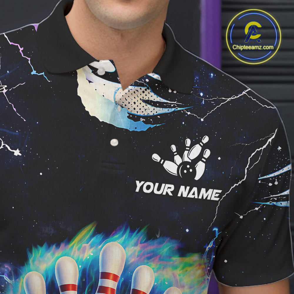Blue hologram flame Bowling polo, 1/4 zip Shirts for Men Custom Bowling Team jerseys NQS11295