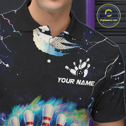 Blue hologram flame Bowling polo, 1/4 zip Shirts for Men Custom Bowling Team jerseys NQS11295