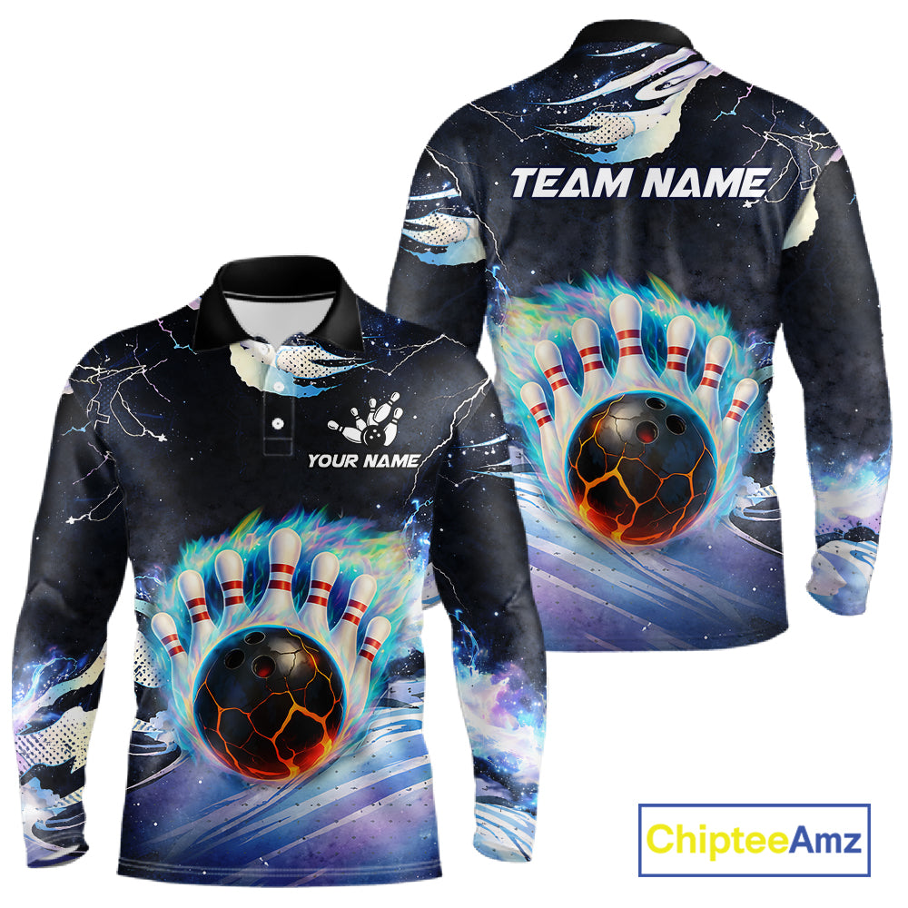 Blue hologram flame Bowling polo, 1/4 zip Shirts for Men Custom Bowling Team jerseys NQS11295
